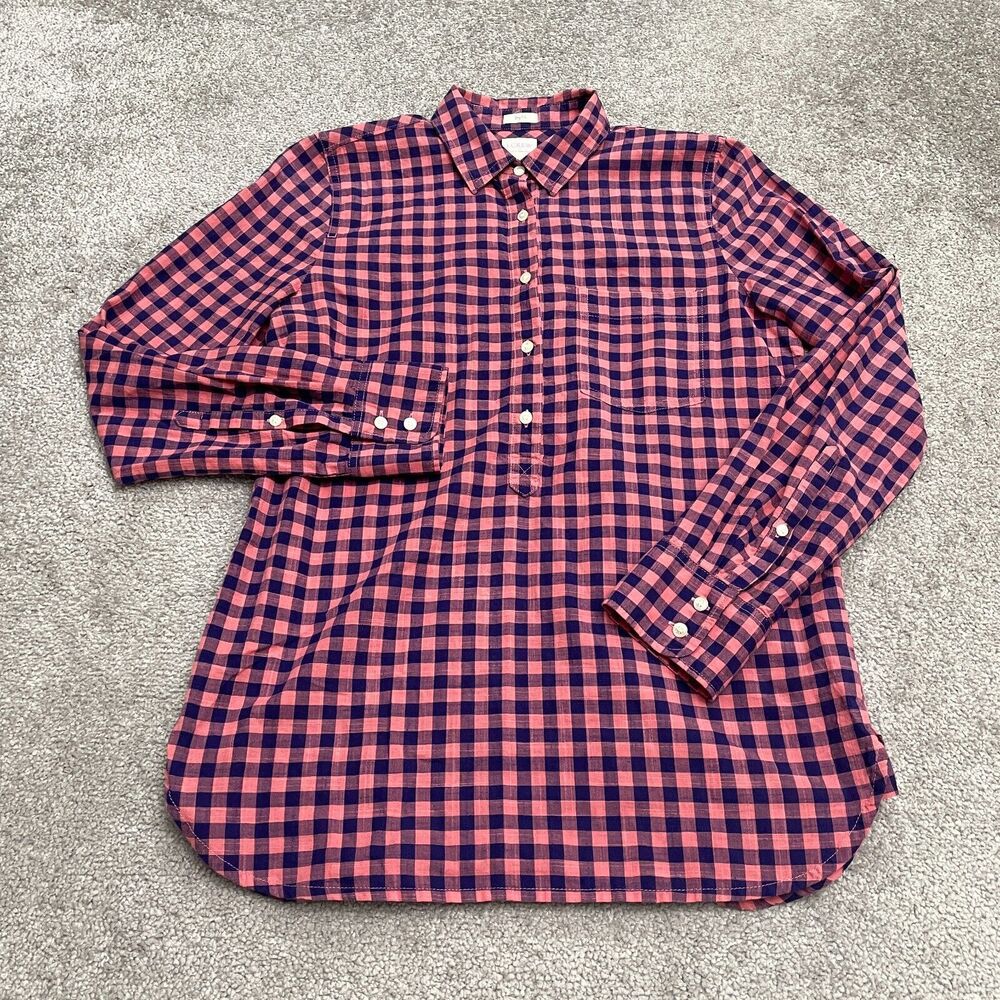J.Crew Boy Fit Gauze Shirt Womens XS Pink Blue Plaid Button Down Cotton Casual
